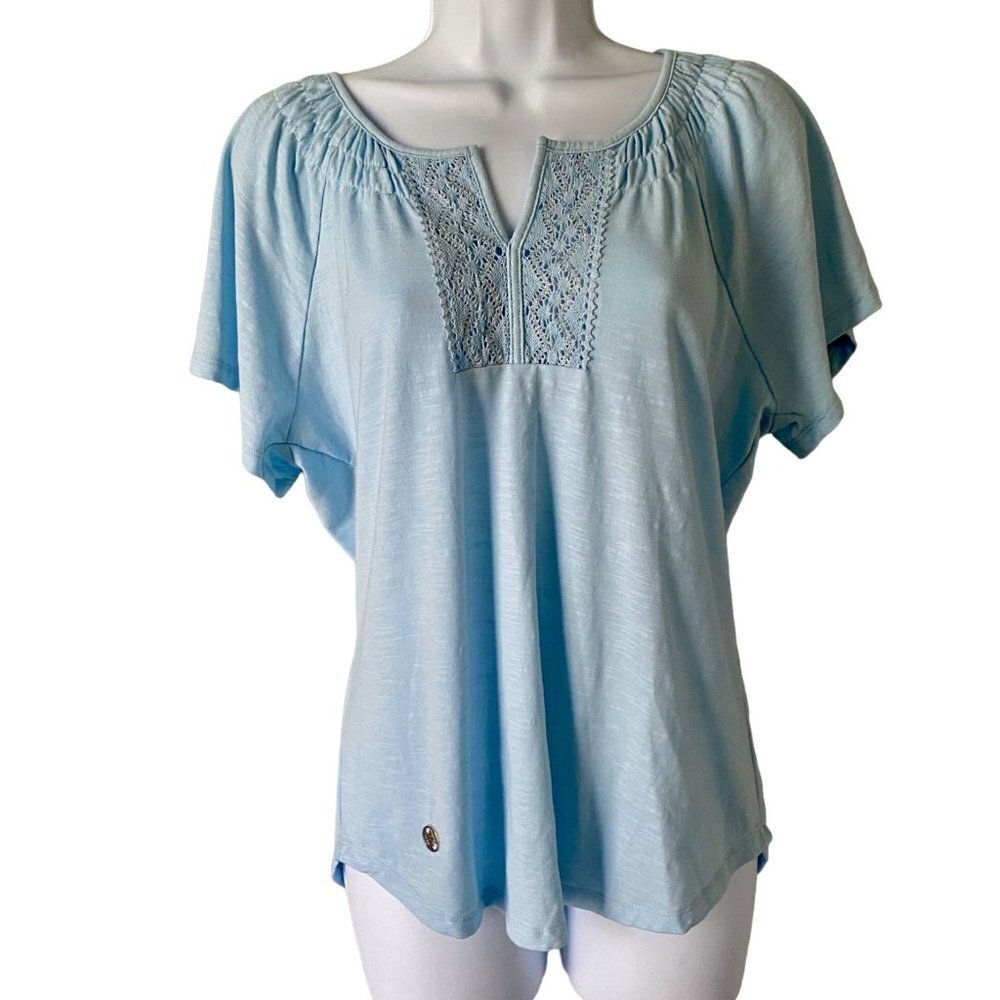 Adrienne Vittadini NEW Blue Short Sleeve Shirt Detailed Neckline Women's Medium
